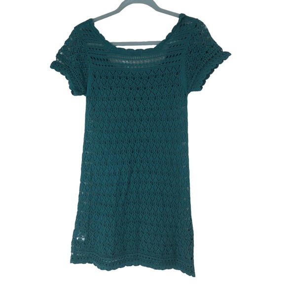 Vintage 90s Old Navy Crochet Mini Dress/Tunic/Swimsuit Cover Teal SZ M Very Soft - Picture 7 of 7